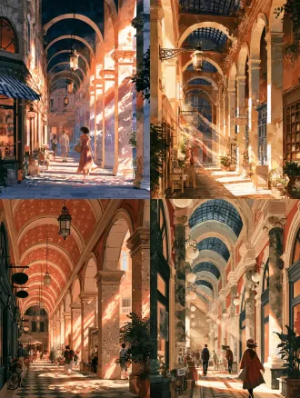 a historical arcade street filled with nostalgic everyday life. a gentle breeze blows, and its shape is captured as warm, nostalgic watercolor brushstrokes, weaving like a ribbon of light through the mottled colonnades. watercolor illustration style, washed edges, dreamy light dappling, cozy atmosphere, 8k