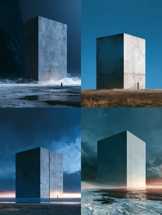 minimalist composition, reduced elements, giant scale. the center is a massive fair-faced concrete monolith, surrounded by wild, heavy impasto oil brushstrokes. blue hour cold lighting, obvious data grain effect, illustration style, strong canvas texture, 8k resolution