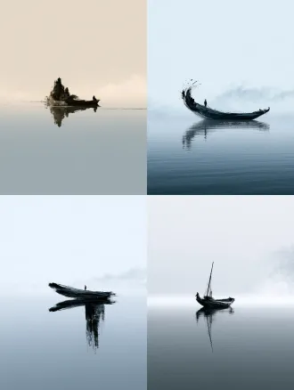 minimalist composition, giant scale. floating on an infinite, calm water mirror is a colossal solitary boat. the boat is formed entirely by fast-paced dry brush ink strokes. subtle morning fog, low saturation, obvious data grain effect, modern oriental zen illustration, ethereal, 8k