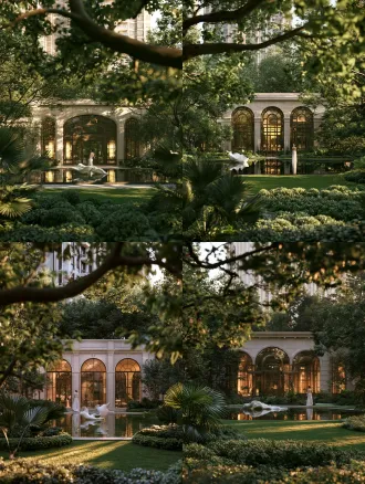 photorealistic luxury new classical residential courtyard landscape rendering, foreground blurred lush green big tree branches with leaves frame the view, foreground fan palm plants, dense layered green shrubs, neat trimmed green lawn, middle large still mirror reflecting pool, white abstract flowing art sculpture placed on water, an elegant woman in long white dress stand by the pool with back to camera, background elegant metropolitan style residential club facade, off-white stone cladding, vintage bronze metal arched floor-to-ceiling glass doors and windows, warm yellow soft interior lighting glow through glass, upper part of the image shows luxury high-rise apartment building exterior, all surrounded by dense green trees, soft golden afternoon sunlight, dappled light and shadow on ground, clear water reflection, cinematic deep depth of field, ultra detailed, 8k, professional architectural visualization, natural color grading