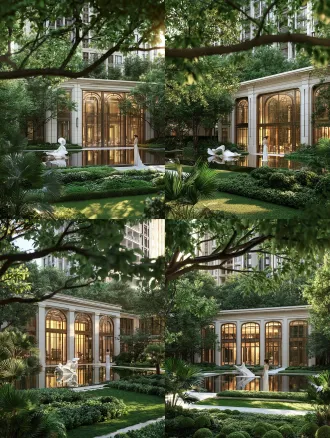 photorealistic luxury new classical residential courtyard landscape rendering, foreground blurred lush green big tree branches with leaves frame the view, foreground fan palm plants, dense layered green shrubs, neat trimmed green lawn, middle large still mirror reflecting pool, white abstract flowing art sculpture placed on water, an elegant woman in long white dress stand by the pool with back to camera, background elegant metropolitan style residential club facade, off-white stone cladding, vintage bronze metal arched floor-to-ceiling glass doors and windows, warm yellow soft interior lighting glow through glass, upper part of the image shows luxury high-rise apartment building exterior, all surrounded by dense green trees, soft golden afternoon sunlight, dappled light and shadow on ground, clear water reflection, cinematic deep depth of field, ultra detailed, 8k, professional architectural visualization, natural color grading