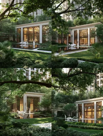 photorealistic luxury new classical residential courtyard landscape rendering, foreground blurred lush green big tree branches with leaves frame the view, foreground fan palm plants, dense layered green shrubs, neat trimmed green lawn, middle large still mirror reflecting pool, white abstract flowing art sculpture placed on water, an elegant woman in long white dress stand by the pool with back to camera, background elegant metropolitan style residential club facade, off-white stone cladding, vintage bronze metal arched floor-to-ceiling glass doors and windows, warm yellow soft interior lighting glow through glass, upper part of the image shows luxury high-rise apartment building exterior, all surrounded by dense green trees, soft golden afternoon sunlight, dappled light and shadow on ground, clear water reflection, cinematic deep depth of field, ultra detailed, 8k, professional architectural visualization, natural color grading