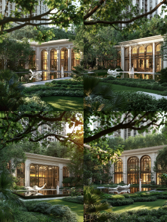 photorealistic luxury new classical residential courtyard landscape rendering, foreground blurred lush green big tree branches with leaves frame the view, foreground fan palm plants, dense layered green shrubs, neat trimmed green lawn, middle large still mirror reflecting pool, white abstract flowing art sculpture placed on water, an elegant woman in long white dress stand by the pool with back to camera, background elegant metropolitan style residential club facade, off-white stone cladding, vintage bronze metal arched floor-to-ceiling glass doors and windows, warm yellow soft interior lighting glow through glass, upper part of the image shows luxury high-rise apartment building exterior, all surrounded by dense green trees, soft golden afternoon sunlight, dappled light and shadow on ground, clear water reflection, cinematic deep depth of field, ultra detailed, 8k, professional architectural visualization, natural color grading