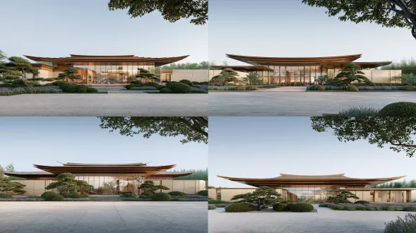 modern new song style chinese luxury real estate entrance, huge stretched layered overhanging bronze metal roof, full height transparent glass curtain wall, light beige natural stone facade, elegant traditional oriental decorative elements, foreground large area matte stone paved arrival plaza, neatly pruned topiary pine, round compact shrubs, purple lavender flower beds, delicate chinese style landscape design, soft hazy daytime sunlight, pale clear blue sky, partial tree foliage frame at top right corner, distant blurred green forest, professional architectural render, v-ray rendering, ultra detailed material texture, soft natural shadow, photorealistic, 8k high definition