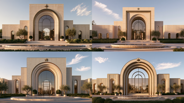 ultra luxurious modern art deco residential club building exterior, matte light beige fluted stone facade, symmetrical composition, central huge nested multi-layer arch main entrance, brushed brass metal edge trim, four-pointed star brass decorative carving at the top of main arch, extra large arched floor-to-ceiling glass curtain wall, small arched windows on both sides of the building, neatly trimmed low green hedges, potted round topiary shrubs, small ornamental olive trees on both sides of the entrance, low circular running water fountain in the foreground, soft golden hour side sunlight, soft natural shadow, pale blue sky with few wispy white clouds, hyperrealistic architectural render, professional architectural photography, high detail, 8k, clear material texture, wide eye-level front shot