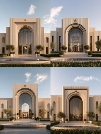 ultra luxurious modern art deco residential club building exterior, matte light beige fluted stone facade, symmetrical composition, central huge nested multi-layer arch main entrance, brushed brass metal edge trim, four-pointed star brass decorative carving at the top of main arch, extra large arched floor-to-ceiling glass curtain wall, small arched windows on both sides of the building, neatly trimmed low green hedges, potted round topiary shrubs, small ornamental olive trees on both sides of the entrance, low circular running water fountain in the foreground, soft golden hour side sunlight, soft natural shadow, pale blue sky with few wispy white clouds, hyperrealistic architectural render, professional architectural photography, high detail, 8k, clear material texture, wide eye-level front shot