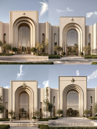ultra luxurious modern art deco residential club building exterior, matte light beige fluted stone facade, symmetrical composition, central huge nested multi-layer arch main entrance, brushed brass metal edge trim, four-pointed star brass decorative carving at the top of main arch, extra large arched floor-to-ceiling glass curtain wall, small arched windows on both sides of the building, neatly trimmed low green hedges, potted round topiary shrubs, small ornamental olive trees on both sides of the entrance, low circular running water fountain in the foreground, soft golden hour side sunlight, soft natural shadow, pale blue sky with few wispy white clouds, hyperrealistic architectural render, professional architectural photography, high detail, 8k, clear material texture, wide eye-level front shot