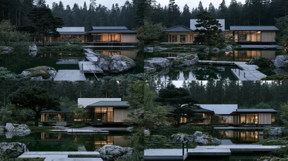 photorealistic architectural photography, serene modern japanese zen garden, foreground light grey stone slab path with minimal thin black metal handrail, moss-covered weathered grey boulders, tranquil dark green pond with mirror-like surface reflecting trees and building, large leaning sculpted old black pine on left, scattered maple trees and dense lush green undergrowth, minimalist contemporary tea house sitting over the water, dark layered low sloped tiled roof, light wood vertical columns, full height glass walls, partial white concrete upper facade behind roof, overcast soft diffused natural light, low saturated muted earthy tones, quiet wabi sabi atmosphere, high detail, shot on hasselblad, deep depth of field, modern minimalist zen japanese single-story villa, dark gray sloped metal roof, full height black framed floor-to-ceiling glass windows, light oak wood exterior panel, building slightly elevated above ground with gravel paving at base, dusk overcast soft sky, warm hidden ambient glowing light inside the house, foreground still mirror-like pond, rough concrete long stepping path cross over water, low moss mounds, sculpted artistic pine trees, scattered rough natural granite boulders, perfect symmetrical reflection of building and trees on calm water surface, background dense tall dark pine forest, muted cool low saturation color palette, tranquil serene atmosphere, professional architectural photography, large format camera shot, ultra detailed, 8k, sharp focus, natural soft low light