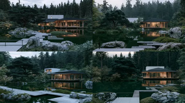 photorealistic architectural photography, serene modern japanese zen garden, foreground light grey stone slab path with minimal thin black metal handrail, moss-covered weathered grey boulders, tranquil dark green pond with mirror-like surface reflecting trees and building, large leaning sculpted old black pine on left, scattered maple trees and dense lush green undergrowth, minimalist contemporary tea house sitting over the water, dark layered low sloped tiled roof, light wood vertical columns, full height glass walls, partial white concrete upper facade behind roof, overcast soft diffused natural light, low saturated muted earthy tones, quiet wabi sabi atmosphere, high detail, shot on hasselblad, deep depth of field, modern minimalist zen japanese single-story villa, dark gray sloped metal roof, full height black framed floor-to-ceiling glass windows, light oak wood exterior panel, building slightly elevated above ground with gravel paving at base, dusk overcast soft sky, warm hidden ambient glowing light inside the house, foreground still mirror-like pond, rough concrete long stepping path cross over water, low moss mounds, sculpted artistic pine trees, scattered rough natural granite boulders, perfect symmetrical reflection of building and trees on calm water surface, background dense tall dark pine forest, muted cool low saturation color palette, tranquil serene atmosphere, professional architectural photography, large format camera shot, ultra detailed, 8k, sharp focus, natural soft low light