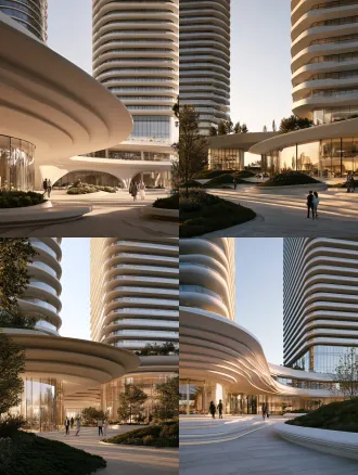 eye-level architectural view. a contemporary high-rise residential community. architectural forecourt. building mass, open ground edge and site grade forming a clear arrival sequence. framed spatial sequence; deep threshold, one focal opening, quiet foreground and background layers. a transparent glass lounge physically connected to the residential podium and covered circulation, clearly part of the community base rather than a detached villa. broad shallow concave terraces with readable section, subtle level changes and softly rolled edges, interlocking with convex planted mounds rather than repeating identical discs. matte limestone, fair-faced concrete. refined high-rise residential towers in the background, rounded glass corners, continuous curved balconies, floor-to-ceiling glazing and calm ivory-gray horizontal frames. a few naturally dressed residents walking, pausing or quietly talking, accurately scaled and never posing for a sales brochure. soft natural daylight, controlled highlights and readable shadows. one clear focal point, quiet supporting elements, believable human scale and material junctions. architectural editorial photography, natural colour and tactile clean finishes