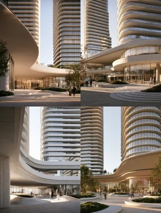 eye-level architectural view. a contemporary high-rise residential community. architectural forecourt. building mass, open ground edge and site grade forming a clear arrival sequence. framed spatial sequence; deep threshold, one focal opening, quiet foreground and background layers. a transparent glass lounge physically connected to the residential podium and covered circulation, clearly part of the community base rather than a detached villa. broad shallow concave terraces with readable section, subtle level changes and softly rolled edges, interlocking with convex planted mounds rather than repeating identical discs. matte limestone, fair-faced concrete. refined high-rise residential towers in the background, rounded glass corners, continuous curved balconies, floor-to-ceiling glazing and calm ivory-gray horizontal frames. a few naturally dressed residents walking, pausing or quietly talking, accurately scaled and never posing for a sales brochure. soft natural daylight, controlled highlights and readable shadows. one clear focal point, quiet supporting elements, believable human scale and material junctions. architectural editorial photography, natural colour and tactile clean finishes
