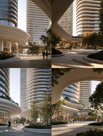 eye-level architectural view. a contemporary high-rise residential community. architectural forecourt. building mass, open ground edge and site grade forming a clear arrival sequence. framed spatial sequence; deep threshold, one focal opening, quiet foreground and background layers. a transparent glass lounge physically connected to the residential podium and covered circulation, clearly part of the community base rather than a detached villa. broad shallow concave terraces with readable section, subtle level changes and softly rolled edges, interlocking with convex planted mounds rather than repeating identical discs. matte limestone, fair-faced concrete. refined high-rise residential towers in the background, rounded glass corners, continuous curved balconies, floor-to-ceiling glazing and calm ivory-gray horizontal frames. a few naturally dressed residents walking, pausing or quietly talking, accurately scaled and never posing for a sales brochure. soft natural daylight, controlled highlights and readable shadows. one clear focal point, quiet supporting elements, believable human scale and material junctions. architectural editorial photography, natural colour and tactile clean finishes