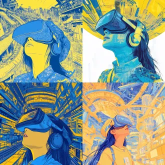 彩色装饰插画，蓝黄色调，左侧是主体人物，带着vr眼镜的女生45度抬头仰望，展现深圳发展，增加传送带，物流快递，行李箱，上方是一个夸张飘逸戴帽子女生头像，向下看，双手好像在操作着大面积的圆形，画面适当增加展现深圳发展的元素，增强插画装饰性，a4比例