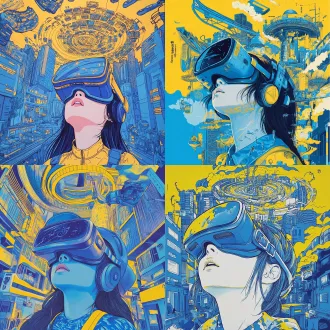 彩色装饰插画，蓝黄色调，左侧是主体人物，带着vr眼镜的女生45度抬头仰望，展现深圳发展，增加传送带，物流快递，行李箱，上方是一个夸张飘逸戴帽子女生头像，向下看，双手好像在操作着大面积的圆形，画面适当增加展现深圳发展的元素，增强插画装饰性，a4比例，马克笔装饰画