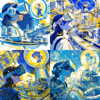 戴vr眼镜女生45度仰望，左侧主体，蓝黄彩色装饰插画，传送带物流快递行李箱，上方飘逸戴帽女生头像俯视操作大圆，深圳发展元素，马克笔装饰画，a4比例，平涂风格，明亮撞色，梦幻未来感