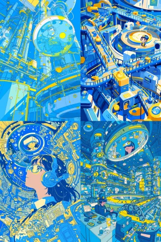 蓝黄调彩色装饰插画，左侧戴vr眼镜女生45度抬头，传送带物流快递行李箱，上方飘逸戴帽女生头像俯视操作大圆，深圳发展元素，a4比例，马克笔装饰画，平涂风格，明快色彩，未来感。