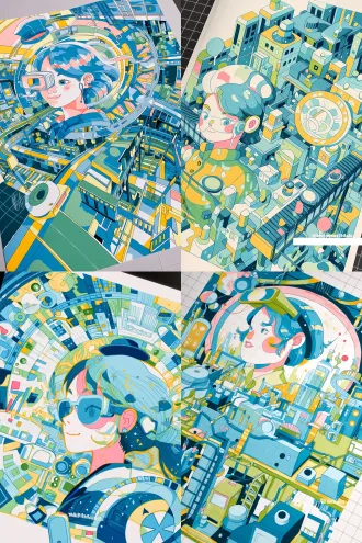 蓝黄彩色装饰插画，左侧戴vr眼镜女生45度抬头，传送带物流快递行李箱，上方飘逸戴帽女生头像俯视操作大圆，深圳地标元素，马克笔手绘，a4比例，平涂装饰风，明快活力。