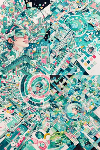蓝黄调彩色装饰插画，左侧戴vr眼镜女生45度抬头，传送带物流快递行李箱，上方飘逸戴帽女生头像俯视操作大圆，深圳发展元素，a4比例，马克笔手绘，平涂装饰风，高饱和明快，俯视视角，装饰线条。