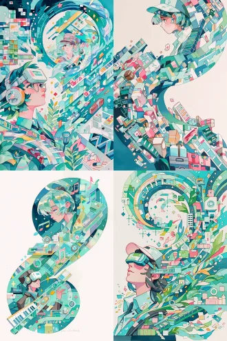 彩色装饰插画，蓝黄色调，左侧是主体人物，带着vr眼镜的女生45度抬头仰望，展现深圳发展，增加传送带，物流快递，行李箱，上方是一个夸张飘逸戴帽子女生头像，向下看，双手好像在操作着大面积的圆形，画面适当增加展现深圳发展的元素，增强插画装饰性，a4比例，马克笔装饰画，简约，不要过多元素