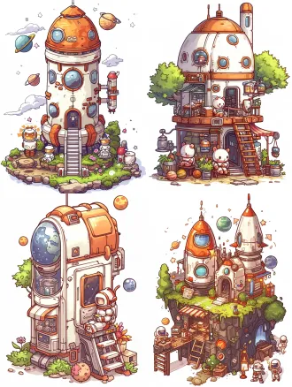 a cute miniature space station, isometric perspective, tiny astronauts, planets. hand-drawn sketch style, loose and wobbly lines, solid flat colors, hard edge shading, no gradients, muted colors, scrapbook aesthetic, roughly cut white border