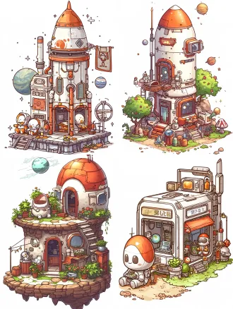 a cute miniature space station, isometric perspective, tiny astronauts, planets. hand-drawn sketch style, loose and wobbly lines, solid flat colors, hard edge shading, no gradients, muted colors, scrapbook aesthetic, roughly cut white border