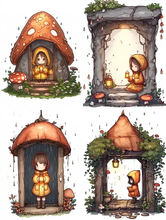 a flat illustration of a small girl in a worn yellow raincoat holding a warm lantern, standing inside a living fungal shelter with ribbed chitin walls, faint bioluminescent spores in the air. (front view:1.2), standalone composition. hand-drawn sketch style, loose and wobbly lines, imperfect edges. solid flat colors, hard edge shading, no gradients. muted palette of charcoal black, rust red and silver grey, with one warm yellow light source. vintage storybook aesthetic, naive art style, gently unsettling, dark fairy tale, cozy melancholy. roughly cut white sticker outline, kraft paper background. doodle mushroom spores, tiny hyphae strands, raindrops and small bone-carved symbols around it.