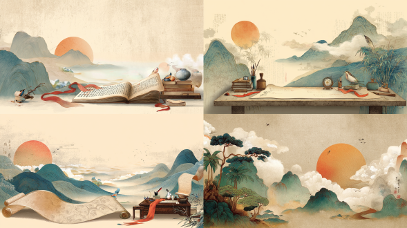 风格 traditional chinese painting style（中国传统绘画风格）、ink - wash painting technique（水墨画技法 ）、chinese gongbi painting style（中国工笔画风格 ） 元素 scroll - shaped landscape（卷轴状山水）、、setting sun（落日）、cloud - shrouded mountains（云雾缭绕的山峦）、ink and brush on the desk（案几上的笔墨 ）、red silk ribbon（红色丝带 ） 质感 antique paper texture（古纸质感）、visible paper creases（可见的纸张褶皱） 视角 overlooking perspective（俯瞰视角）、eye - level perspective（平视视角）、looking - up perspective（仰视视角）、oblique side perspective（斜侧视角）