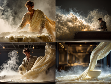 牛奶浴摄影，餐厅外景，烟雾缭绕，冷白色温，高细节照片，流动织物，动态构图，吉尔伯特·斯图尔特风格，程序化代码，behance风格，摄影库存，牛奶男孩，切达色调，快速快门，柔光，蒸汽弥漫，现代主义。