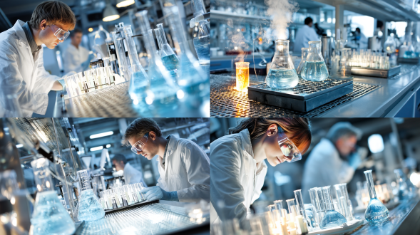 未来化学实验室，制作法术，无面部失真，白鼠技术法师，相连人类生命体，实验室环境，烧杯，中央主题，管道，动态构图，科技感，冷色调，高清细节，广角镜头，柔光照明，精密仪器，玻璃反光，科幻风格，实验动作，蓝绿色调，神秘氛围