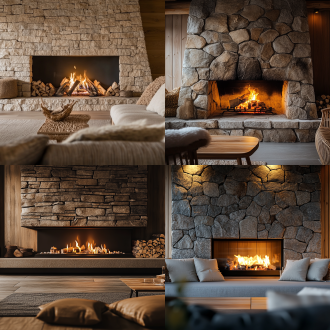 自然风壁炉背景墙，石质纹理，暖色火焰，木质家具环绕，北欧极简风格，柔和漫射光，广角镜头，低角度拍摄，高饱和度，温馨氛围，木质与石材对比，火焰动态模糊，舒适家居感，中性色调与暖色点缀，宁静放松。