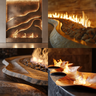 自然风壁炉背景墙，曲线设计，艺术漆纹理，火焰跳动，现代极简风格，温暖色调，柔和漫反射光，焦外虚化效果，50mm定焦镜头，低角度拍摄，层次感丰富，木质与石材结合，自然元素点缀，宁静舒适氛围。