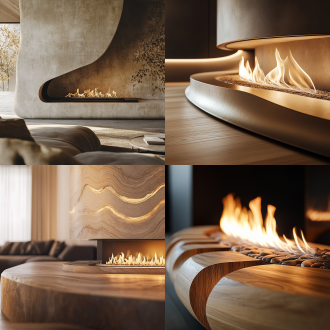 自然风壁炉电视背景墙，曲线设计，艺术漆纹理，真火摇曳，现代极简风格，柔和暖光，木质与石材结合，抽象几何元素，低角度镜头，浅景深，自然材质细节，光影交错，宁静氛围，焦外虚化，温暖色调，高级感，创意家居设计