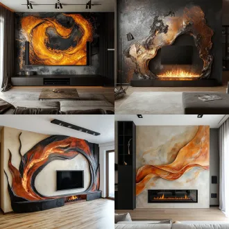 自然风壁炉电视背景墙，曲线，创意，艺术漆，真火，