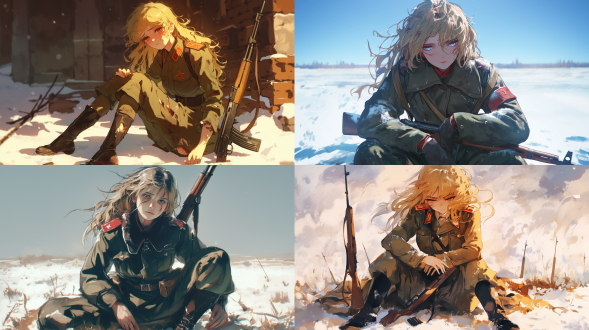 苏联女军人，身穿旧军装，军装很多地方破烂，脸上有大量红色伤痕迹，像刚从战场下来。裤腿挽起，穿鞋盘坐，披着金色头发，双手拿着一杆破旧的军用枪支，表情悲伤，雪地背景，正面对画面，对称构图，动漫画风