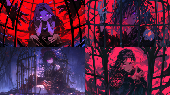 被困在圆拱形铁笼中的魔女，身处在黑色森林中，紫色瞳孔，黑色散发，表情癫狂，背景散发红色光芒，全身画像