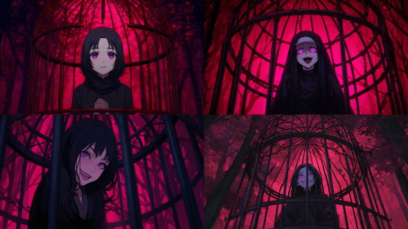 被困在圆拱形铁笼中的魔女，身处在黑色森林中，紫色瞳孔，黑色散发，表情癫狂笑容，身穿黑色修士服，背景散发红色光芒，全身画像，正面视角，动漫画风