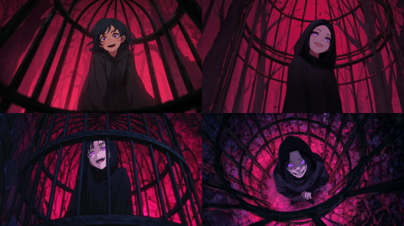 被困在圆拱形铁笼中的魔女，身处在黑色森林中，紫色瞳孔，黑色散发，表情病态疯狂的笑容，身穿黑色修士服，背景散发红色光芒，全身画像，远距离视角，动漫画风