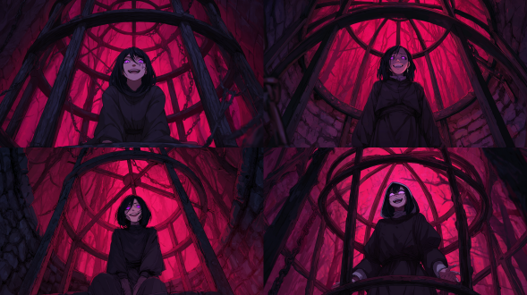 被困在圆拱形铁笼中的魔女，身处在黑色森林中，紫色瞳孔，黑色散发，表情癫狂笑容，身穿黑色修士服，背景散发红色光芒，全身画像，远距离视角，动漫画风