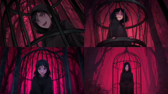 被困在圆拱形铁笼中的魔女，身处在黑色森林中，紫色瞳孔，黑色散发，表情病娇笑容，身穿黑色修士服，背景散发红色光芒，全身画像，远距离视角，动漫画风