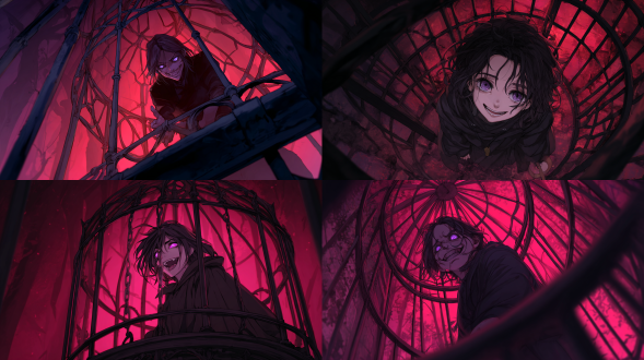 被困在圆拱形铁笼中的魔女，身处在黑色森林中，紫色瞳孔，暗棕色散乱的头发，表情恐怖笑容，身穿黑色修士服，背景散发红色光芒，全身画像，远距离视角，动漫画风