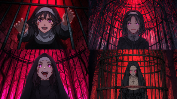 被困在圆拱形铁笼中的魔女，身处在黑色森林中，紫色瞳孔，暗棕色散乱的头发，表情恐怖笑容，眼中流着红色眼泪，身穿黑色修女服，背景散发红色光芒，全身画像，远距离正面视角，日式动漫画风