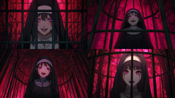 被困在圆拱形铁笼中的魔女，身处在黑色森林中，紫色瞳孔，暗棕色散乱的头发，表情恐怖笑容，眼中流着红色眼泪，身穿黑色修女服，背景散发红色光芒，全身画像，远距离正面视角，日式动漫画风