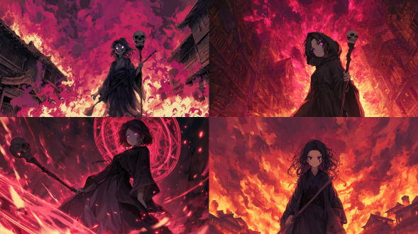 在村庄之中的魔女，村庄被火焰焚烧，紫色瞳孔，暗棕色散乱的头发，表情恐怖笑容，眼中流着不规则的红色眼泪，身穿黑色法袍，手持骷髅头法杖，背景散发红色魔法阵光芒光芒，全身画像，远距离正面视角，日式动漫画风