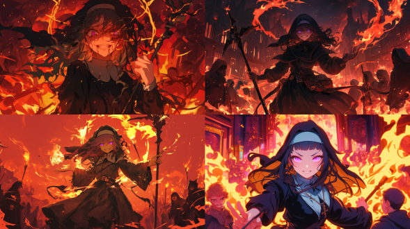 在村庄之中的魔女，村庄被火焰包围，四周的人惊慌的被火焰点燃，紫色瞳孔，暗棕色散乱的头发，表情恐怖笑容，眼中流着不规则的红色眼泪，身穿修女服，手持邪恶的法杖，背景散发红色魔法阵光芒光芒，全身画像，惊悚氛围，远距离正面视角，日式动漫画风，村庄全景