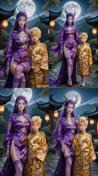 "电影感古风人像，中心对称构图，月色古典园林，紫色长发女子左侧，浅色龙鳞点缀，紫色刺绣旗袍，飘逸长披风，蕾丝长袜，金色短发男孩右侧，小巧龙角，金色龙纹童装，灯笼暖光，丝绸质感，刺绣纹理，龙鳞反光，亭台楼阁，朦胧远山，月光冷色调，冷暖对比，神秘华贵，3:4比例，超高清细节，柔焦背景，浅景深。"