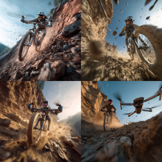 无人机追踪视角，山地车手俯冲陡坡，前轮离地悬空，护目镜反射悬崖深渊，飞扬泥沙冻结瞬间，red摄影机运动模式，低角度拍摄，高速快门，动态模糊，尘土飞溅，岩石地形，逆光，护目镜反光，紧张刺激，冷色调，广角镜头，3d渲染，ar 9:16比例，极限运动，肾上腺素飙升，细节丰富。