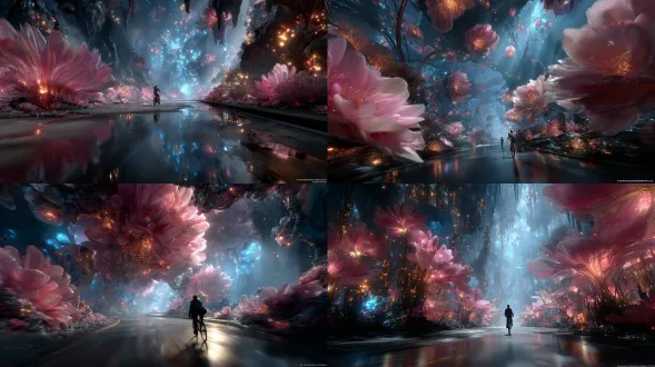 一条窄路，路面如镜面倒映出光影与景物，路的两边呈现奇幻科幻的异星秘境，许多巨型粉色花朵状的奇幻生命体占据视觉核心，丝缎般的花瓣舒展，裹挟着发光细节，似蕴藏神秘能量，背景里蓝色发光球体如 “能量核心”，暖色调光斑点缀其间，冷与暖的色调碰撞，交织出生物奇观与科幻想象融合的神秘氛围，仿佛是科技与生物共生的瑰丽异星世界，充满未知与梦幻感， 位公路自行车运动员背对着镜头在前方骑着单车快速向前骑行，中心构图，对称构图，低角度、广角镜头拍摄，呈现出 4k 高质量、有大师杰作质感和电影效果，镜头跟随骑行者高速向着道路前方穿越飞行，30 倍速推进裹挟着空间扭曲的窒息感