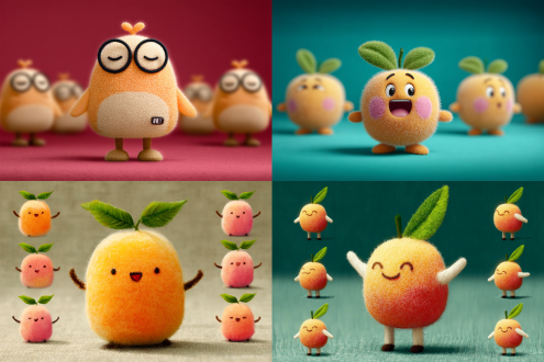 一个橙子的ip动画形象宫格图，可爱卡通风格，ip形象设计，角色设计，2d绘画，包含9个不同的角色表情