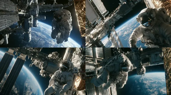 宽画幅2.39:1，宏大太空大场景，中远景构图，机位略微侧下方，人物放在画面右下黄金分割点，航天员占画面比例较小，突出空间站浩瀚体量； octane渲染，pbr物理材质，路径追踪，8k超写实，电影cg质感，细微胶片颗粒，柔和暗角，镜头星芒眩光 主体：身着纯白色舱外航天服的航天员，头盔面罩带有环境反光，面罩反射地球与星光，航天服表面有管线、舱外补丁、磨损痕迹，航天员漂浮在空间站外侧，姿态舒展 空间站：巨型国际空间站主体结构，太阳能帆板大面积展开，金属桁架、舱段、散热板、管线细节丰富；金属舱体为哑光航天铝合金，部分区域有隔热瓦、多层隔热金色薄膜，金箔隔热层带有细腻褶皱反光，太阳能板有栅格纹理 背景：深邃漆黑宇宙空间，远处悬浮巨大的蓝色地球，地球带有云层纹理、大陆轮廓，柔和地球辉光；散落遥远微弱恒星星光，没有杂乱强光 材质明细： 航天服：多层复合面料，哑光白色织物，硬质碳纤维护板，面罩高透带菲涅尔反射，金属接口； 空间站舱体：喷砂哑光铝合金，细微划痕，金色聚酰亚胺隔热膜（金箔），半刚性褶皱质感； 太阳能帆板：深色光伏栅格面板，边框金属； 地球：大气次表面散射，云层半通透； 太空真空背景：纯净深空，星点细碎，无大气雾 布光方案： 主光：强烈硬太阳光从画面一侧斜射，勾勒空间站、航天服边缘锐利轮廓高光； 辅光：来自蓝色地球的漫反射冷蓝色环境光，填充阴影区域，给暗部染上淡蓝色反光； 无多余杂光，明暗反差强烈； 氛围：孤寂、宏大、静谧的深空氛围，浩瀚的尺度对比，人类渺小，宇宙辽阔，写实航天摄影