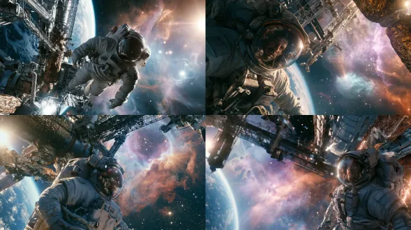 宽画幅2.39:1，宏大太空远景大场景，机位侧下方，航天员放置在画面右下黄金分割位置，人物占比很小，以强烈尺度对比凸显宇宙浩瀚； octane渲染，pbr物理材质，路径追踪，8k电影cg，细腻胶片颗粒，柔和暗角，镜头星芒眩光，景深拉开空间层次 主体：身穿白色舱外航天服的航天员，在空间站外侧悬空漂浮，姿态从容；头盔面罩带有菲涅尔反光，面罩上映出地球、星云与星光；航天服布满管线、标识贴、轻微使用磨损痕迹； 空间站：巨型空间站桁架结构，多段舱体向外延伸，大面积展开的太阳能帆板，交错管线与机械臂；舱体为哑光喷砂航天铝合金，局部包裹褶皱金色隔热薄膜，太阳能板是细密栅格光伏面板； 背景：深邃宇宙，远处悬浮一颗带着白色云层的蓝色地球；后方铺展巨大绚丽的彩色星云，星云由淡紫、粉橙、青蓝渐变气体尘埃构成，云雾有通透体积感，层层晕染；空间里散布大量远近错落的恒星，近处星光明亮带星芒，远处星点细碎微弱。 材质明细： 航天服：哑光复合织物、碳纤维护甲，面罩高透明，带有环境反射； 空间站舱体：哑光航空铝，细微划痕；金色隔热膜是柔性褶皱薄膜，柔和漫反光，不是镜面； 太阳能帆板：深色栅格光伏板，金属边框； 星云气体：体积雾材质，次表面散射，半通透，不同区域厚薄不均； 地球：大气层通透，云层轻薄，自带淡蓝色大气辉光； 布光方案： 主光：强烈硬质太阳光从画面一侧斜射入，给空间站、航天服打出锐利明亮的轮廓高光； 辅光：来自地球的冷蓝色漫反射光，柔和填充暗部；星云本身自发光，给画面暗部染上紫、橙、青的彩色环境反光； 光影反差强烈，阴影深邃，星云柔光自然弥散，没有太空以外的杂雾； 氛围：辽阔梦幻又孤寂的深空科幻氛围，星辰璀璨，星云漫卷，宇宙壮丽震撼，写实科幻大片质感
